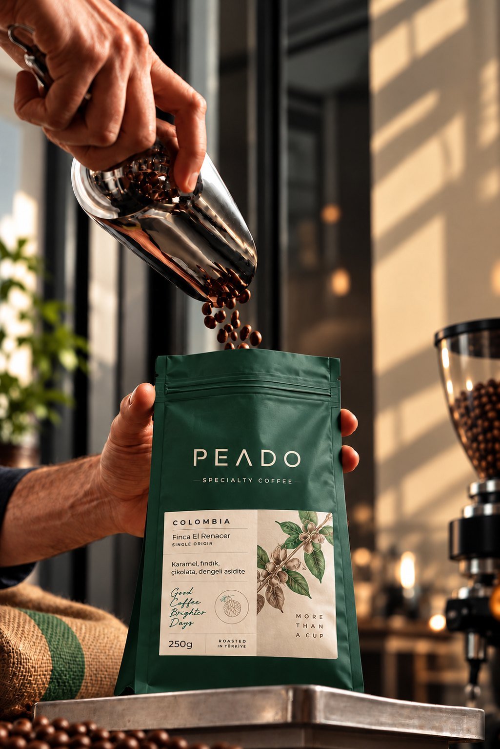 Peado Colombia specialty coffee paketi ve kahve çekirdekleri